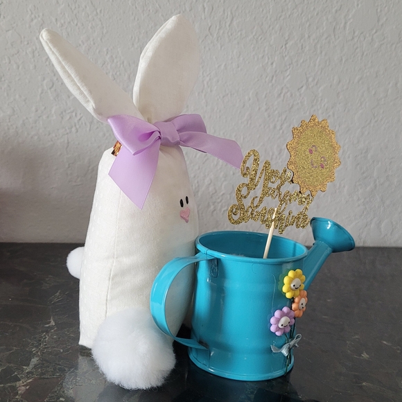 Blue Watering Can with Flowers and Bunny Decor - Picture 5 of 5